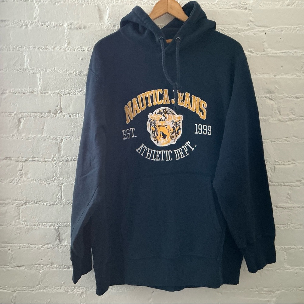 Vintage Nautica Jeans Co Navy Blue Pullover Hoodie Graphic Sweatshirt Size XL